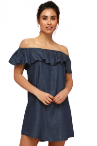 Lulus dámské šaty Standout Style Dark Blue Chambray Off-the-Shoulder Dress | XS, S