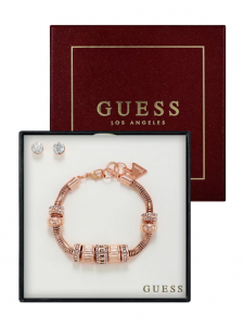 GUESS dámský set náramku a naušnic Rose Gold-Tone Charm Bracelet and Earrings Box Set