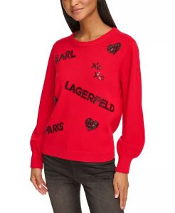 KARL LAGERFELD dámský červený svetr Logo Embellished | XS, S, M, L, XL